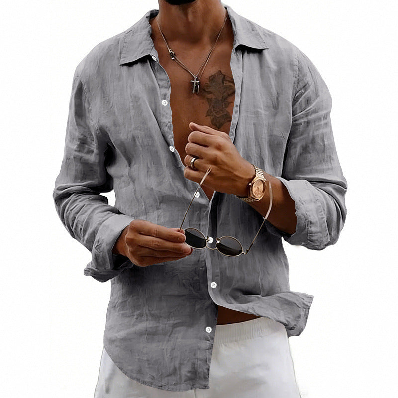 Men's airy relaxed linen shirt with open lapel, rounded hem, and roll-up sleeves Mune Fashion