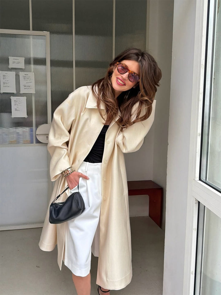 Women Lightweight Satin-Effect Long Coat with Boxy Oversize Silhouette Mune Fashion