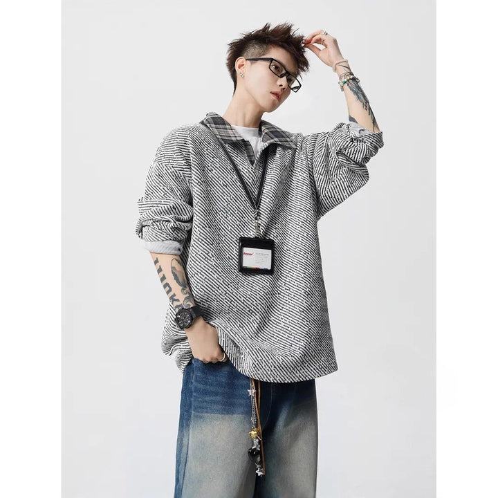 Men's Oversize Structured Sweatshirt with Polo Collar and Diagonal Knit Structure Mune Fashion
