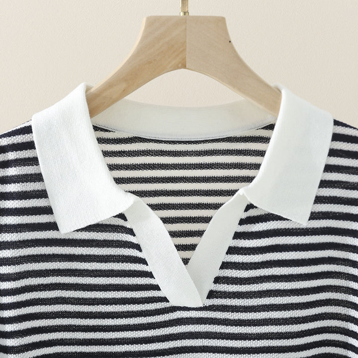 Women's striped polo fine knit shirt with open V-slit and contrasting collar Mune Fashion