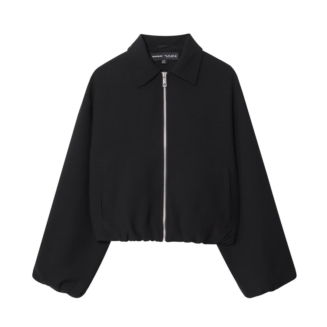 Women short jacket made of vegan leather with Kent collar, full-length zipper and gathered hem Mune Fashion