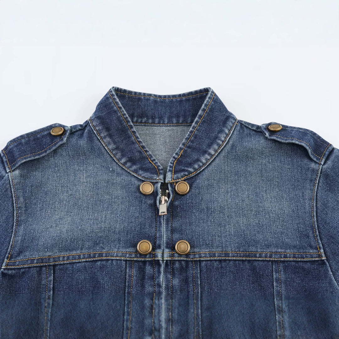 Ladies' denim jacket with stand-up collar, double row snap buttons, and epaulets Mune Fashion