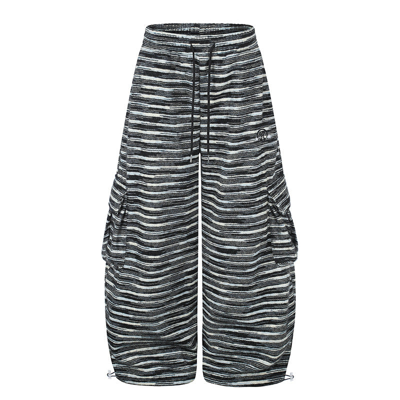Women's Wide Palazzo Cargo Pants with Drawstring Waistband, Adjustable Hem Cords, and Striped Jacquard Structure Mune Fashion