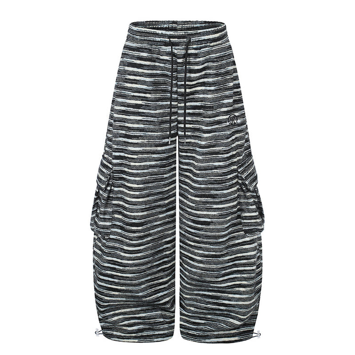 Women's Wide Palazzo Cargo Pants with Drawstring Waistband, Adjustable Hem Cords, and Striped Jacquard Structure Mune Fashion