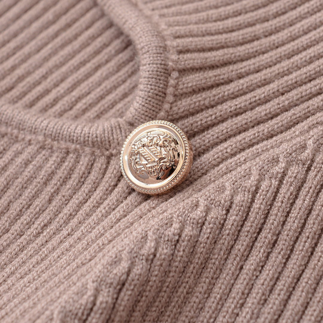Women's Ribbed Stretch Fine Knit Sweater with Chest Cut-Out and Decorative Buttons Mune Fashion
