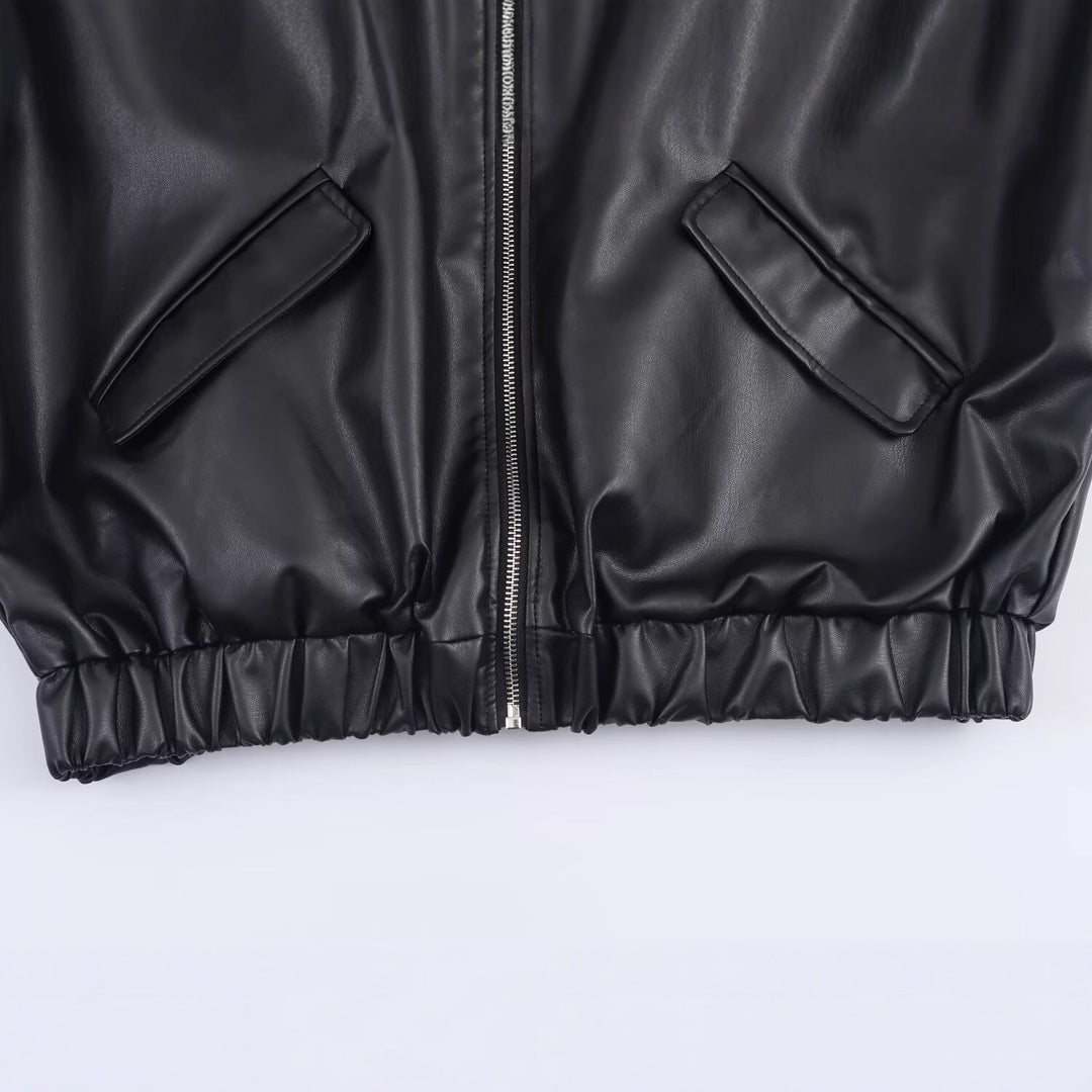 Women's Faux Leather Bomber Jacket with Contrasting Hood in Sweatstyle and Elastic Hem Mune Fashion
