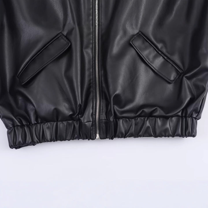 Women's Faux Leather Bomber Jacket with Contrasting Hood in Sweatstyle and Elastic Hem Mune Fashion