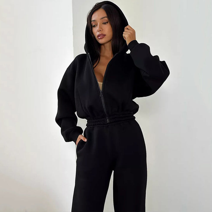Women Tailored Zip Jumpsuit in Loungewear Style with Hood, Balloon Sleeves and High Waist Mune Fashion