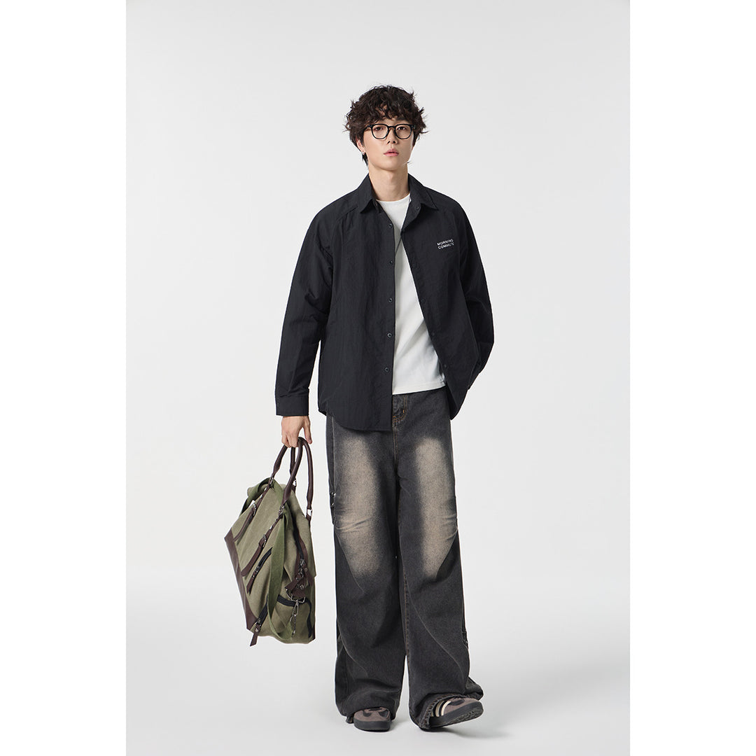Unisex Relaxed Coach Shirt Jacket with Kent Collar, Snap Button Placket and Minimal Chest Print Mune Fashion