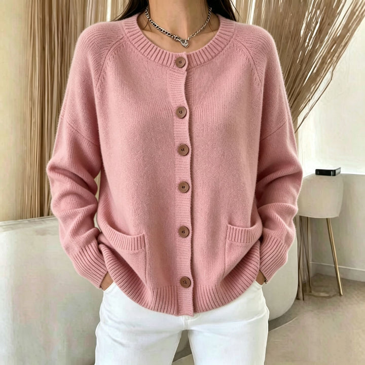 Women Button Cardigan with Round Neck, Patch Pockets and Raglan Sleeves Mune Fashion