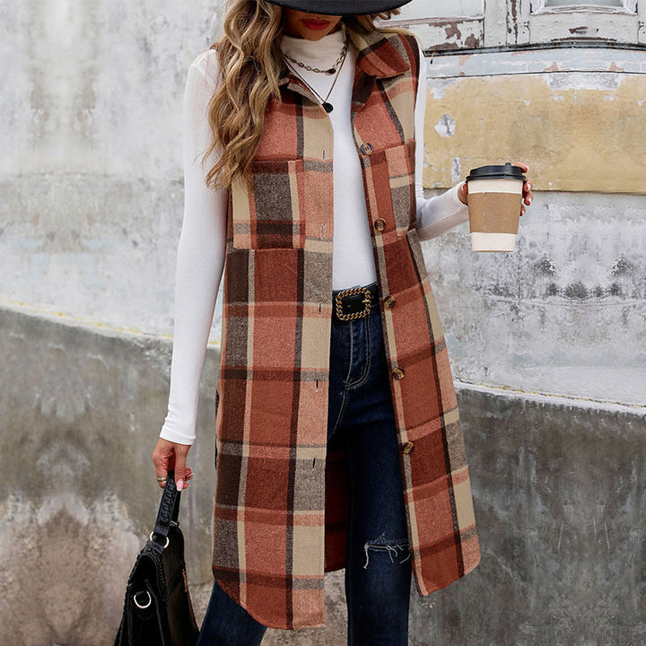 Women's Longer Check Vest with Pockets Mune Fashion