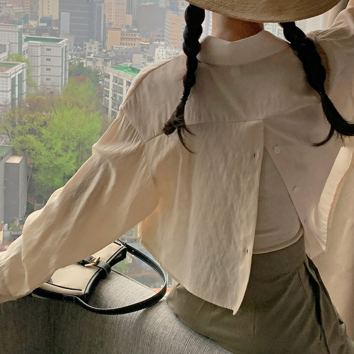 Women's Cropped Oversized Shirt Blouse in Linen Look with Back Slit and Decorative Button Placket Mune Fashion