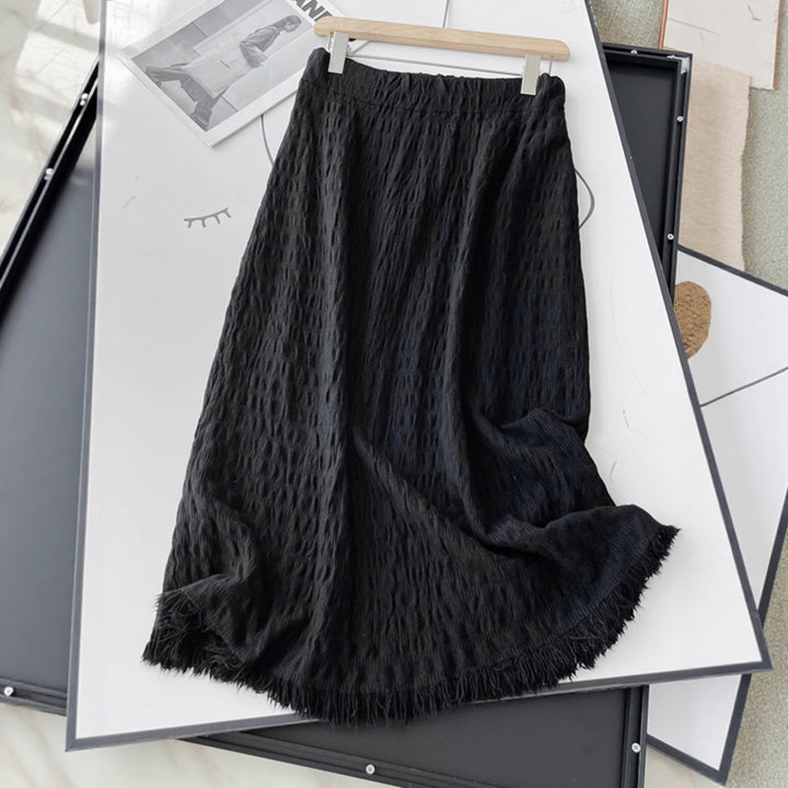 Women's Long Knit Skirt with Fringed Hem and Textured Design Mune Fashion