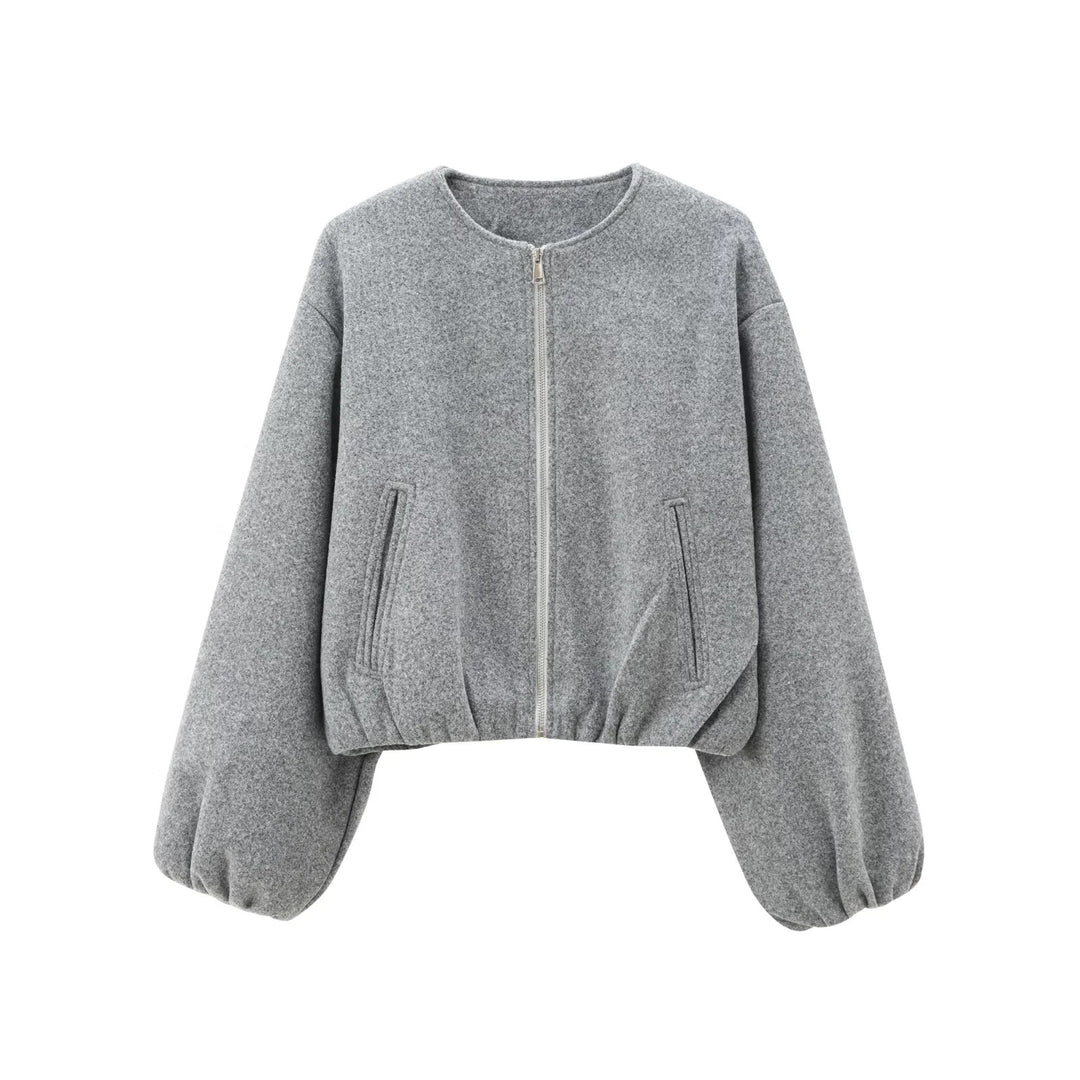 Women nan cast-cut wool bomber jacket with round neckline, continuous zipper, piped side pockets and elastic hem Mune Fashion