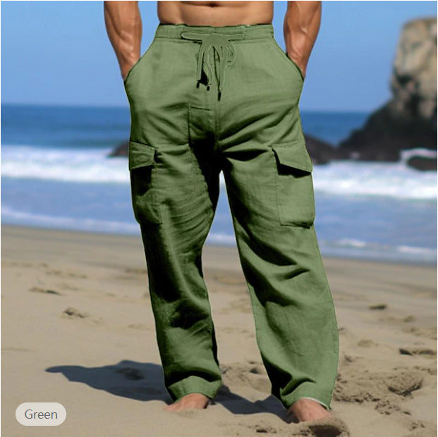 Men's relaxed-fit leisure cargo pants made of linen blend with tunnel drawstring waistband, flap pockets, and relaxed beach fit Mune Fashion