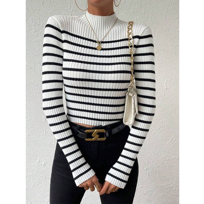 Women's fine knit sweater with short stand-up collar, ribbed texture, and maritime stripes Mune Fashion