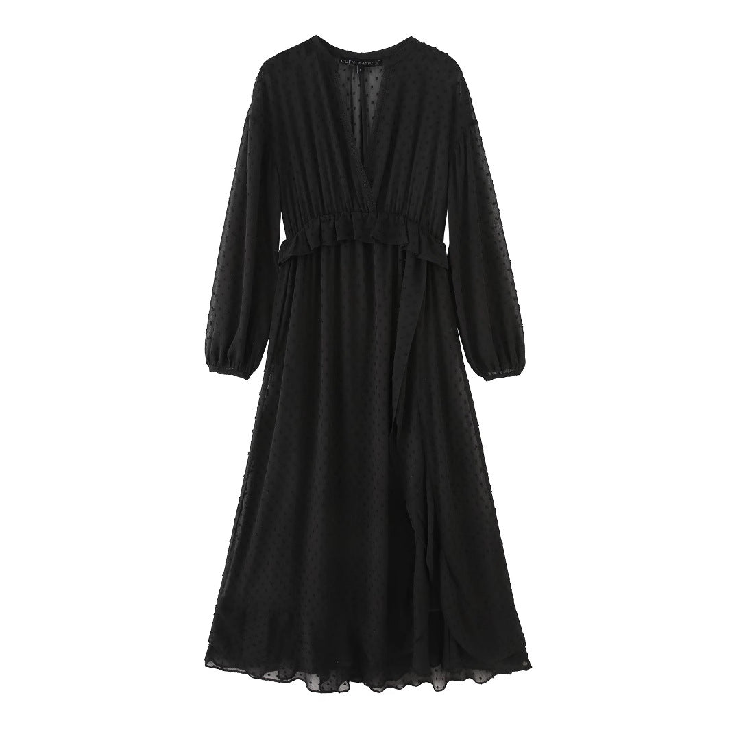 Women's airy chiffon midi dress with V-neck and ruffle waistband Mune Fashion