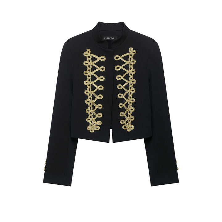 Women's Cropped Military-Inspired Short Jacket with Decorative Gold Trim Mune Fashion