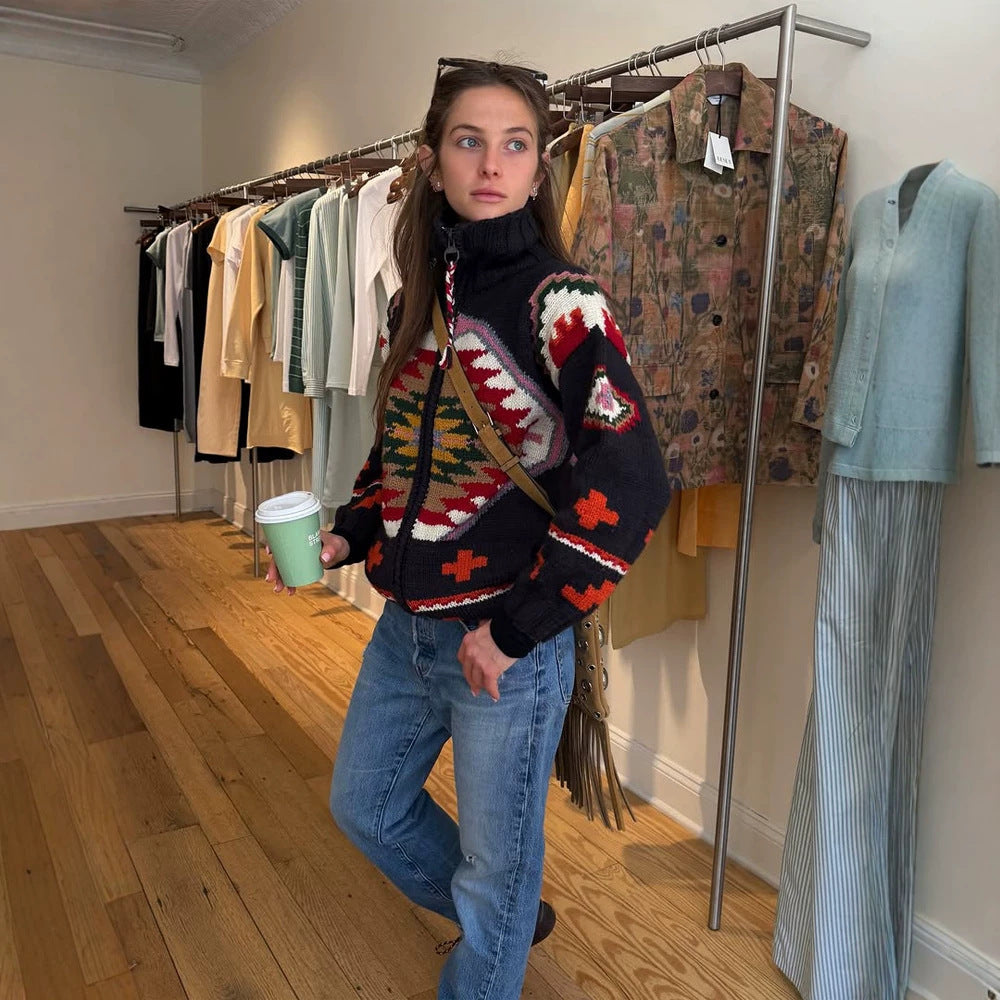 Women's Jacquard Cardigan with Navajo Pattern, Zipper and High Collar Mune Fashion
