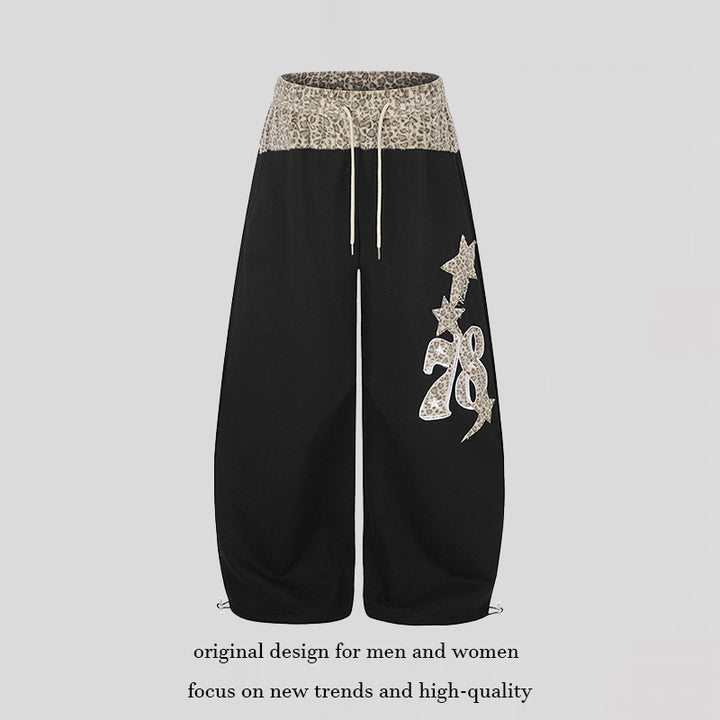 Women Extra Wide Palazzo Lounge Pants with High Comfort Waistband, Leopard Print Band and Decorative Star Number Appliqué Mune Fashion