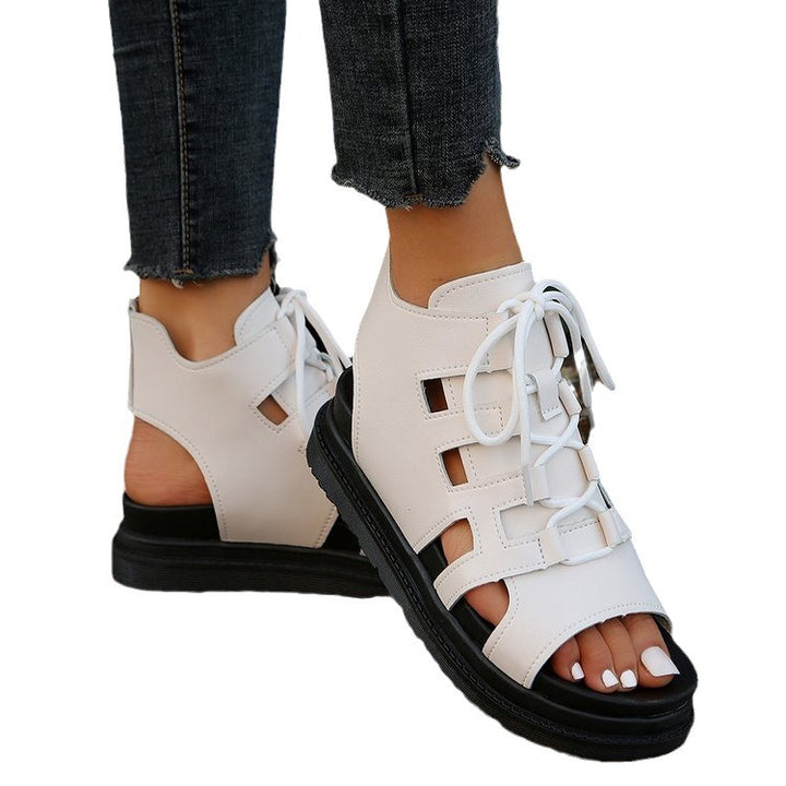 Women's lace-up sandals with cut-out design, open heel, and sturdy tread sole Mune Fashion