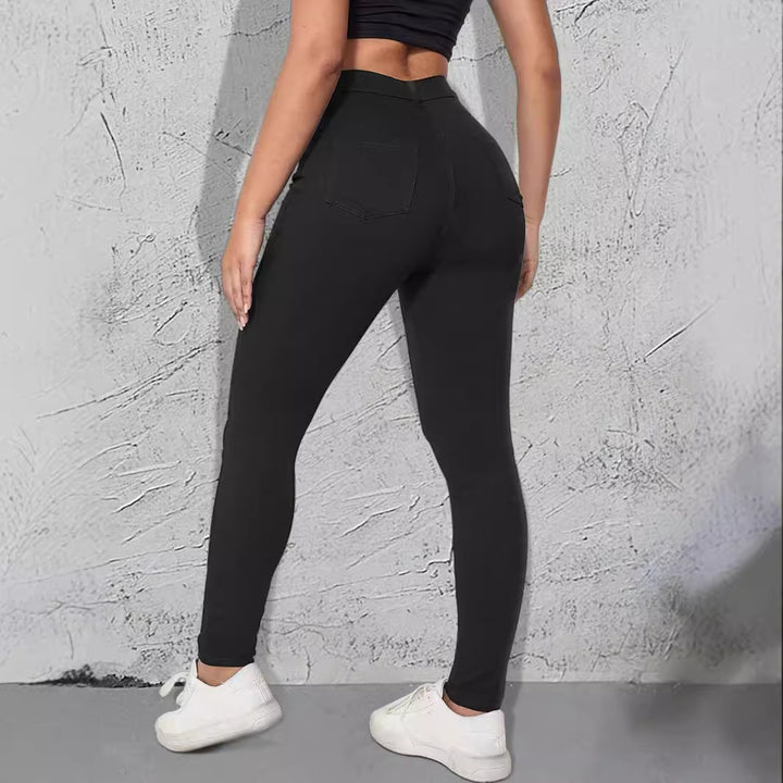 Women's High-Waist Stretch-Jeggings in Denim Look with Pearl Scatter Mune Fashion