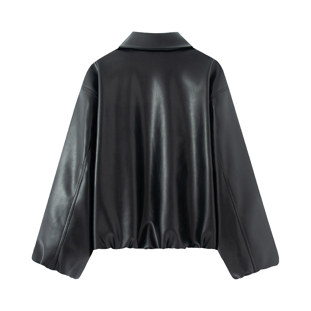 Women's Nan Kastiger Oversized Faux Leather Blouson with Shirt Collar, Hidden Zipper, Concealed Pocket, and Elastic Hem Mune Fashion