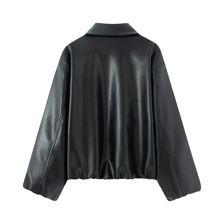 Women's Nan Kastiger Oversized Faux Leather Blouson with Shirt Collar, Hidden Zipper, Concealed Pocket, and Elastic Hem Mune Fashion