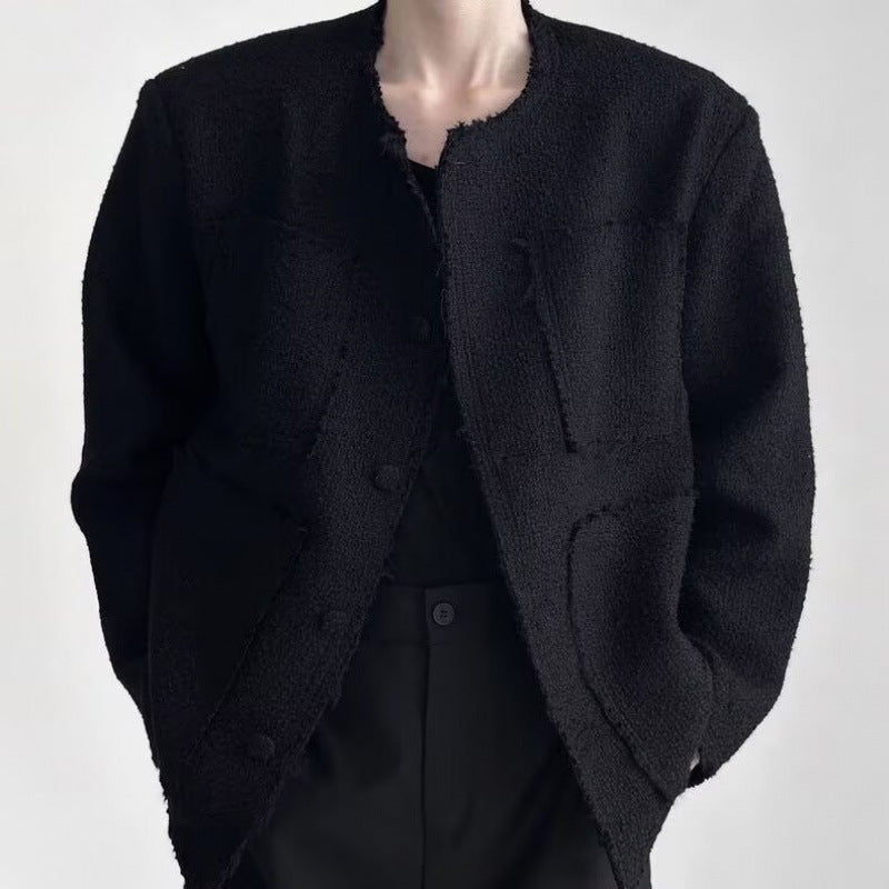 Women's Oversized Boucle Jacket without Collar with Patch Pockets and Raw Edge Details Mune Fashion