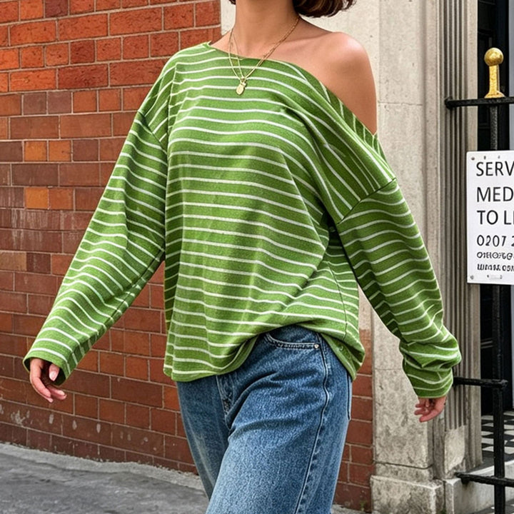 Women's Oversize Long Sleeve Top with Wide Neckline, Maritime Stripes and Relaxed Fit Mune Fashion