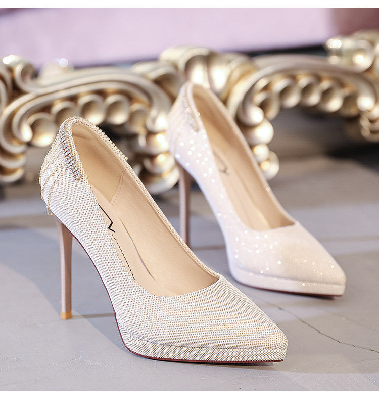 Women's elegant evening pumps with fine glitter mesh, pointed toe, delicate stiletto heel, and decorative heel application Mune Fashion