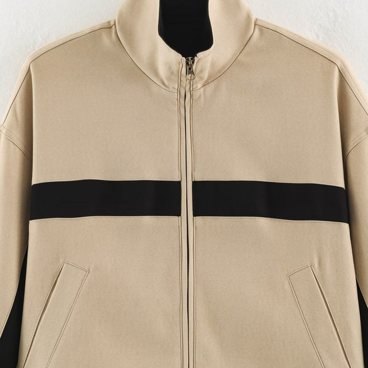 Ladies Cropped Track Jacket with Stand-up Collar, Zipper and Side Contrast Stripes Mune Fashion