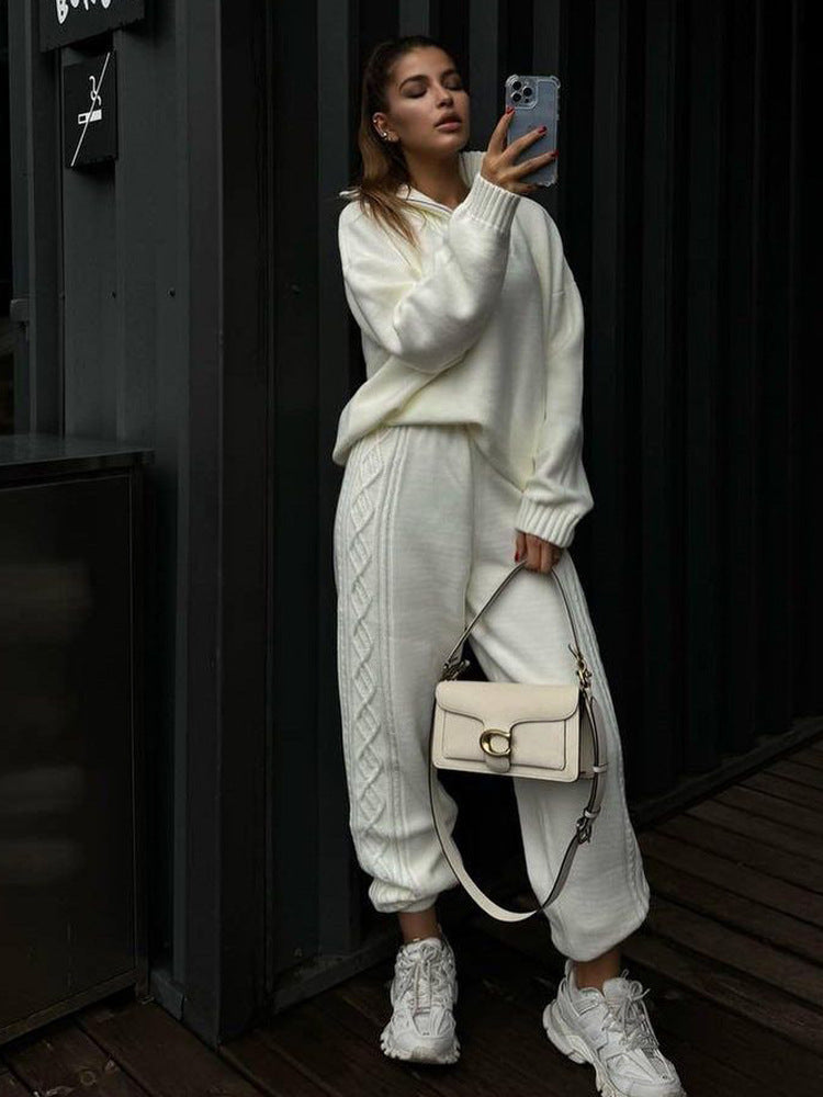 Women's Knit Relax Set with Half Zip, Oversized Sweater and High Waisted Cable Knit Pants Mune Fashion