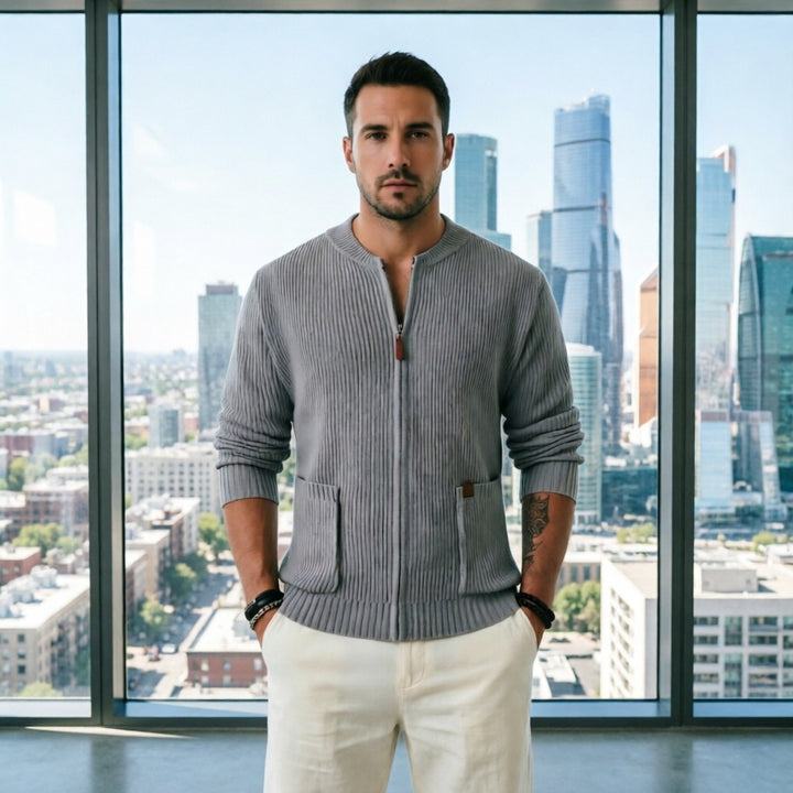Men's Ribbed Cardigan with Front Zipper and Patch Pockets Mune Fashion