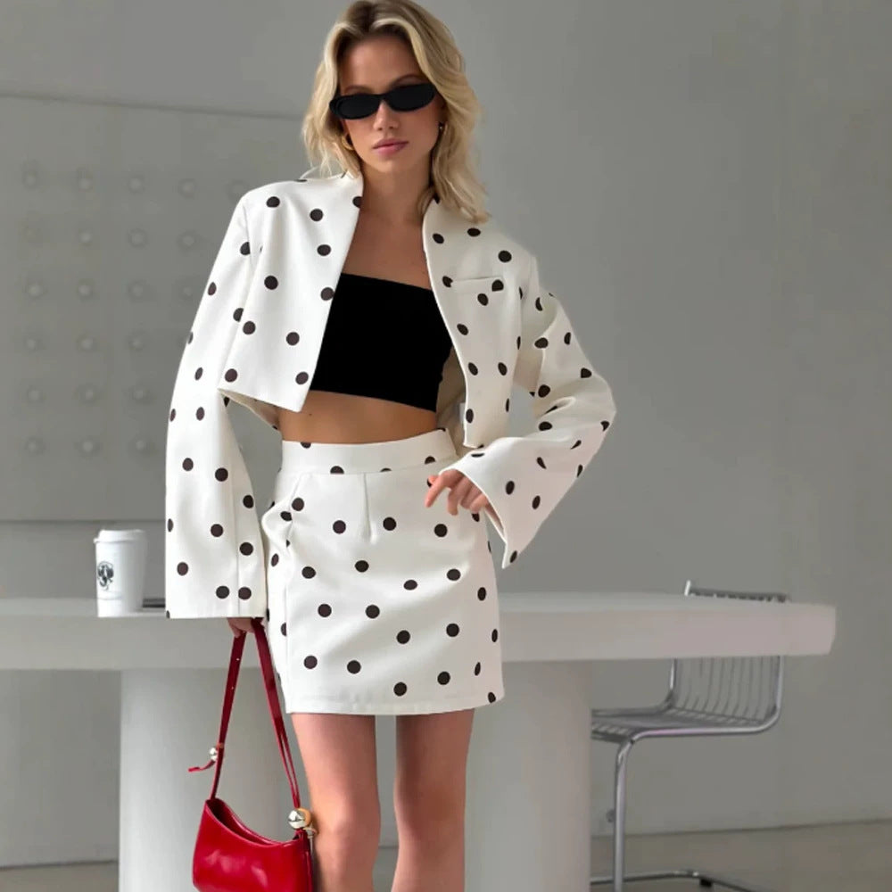 Women's Polka Dot Two-Piece Set with Cropped Blazer and High-Waist Mini Skirt Mune Fashion