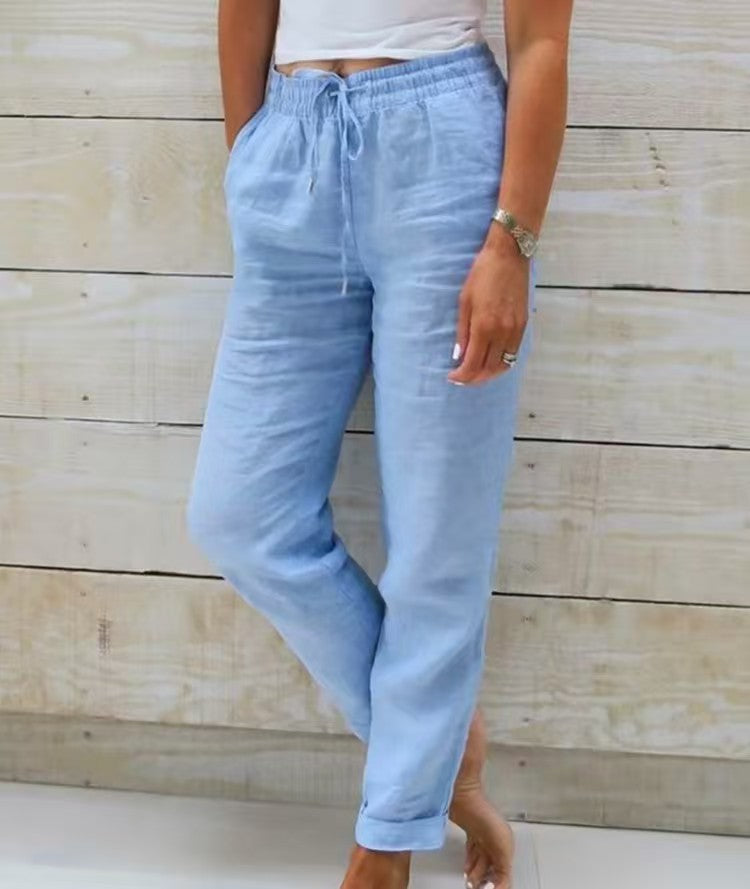 Women's casual linen pants with elastic waistband drawstring and side pockets Mune Fashion