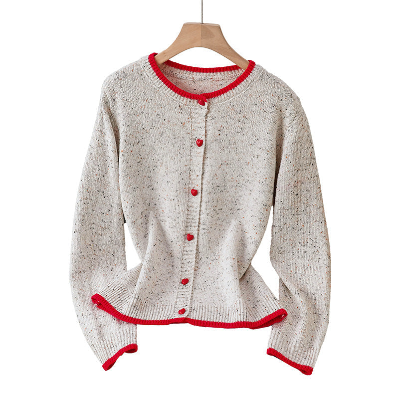 Women's Speckled Cardigan with Contrast Edges and Heart Buttons Mune Fashion