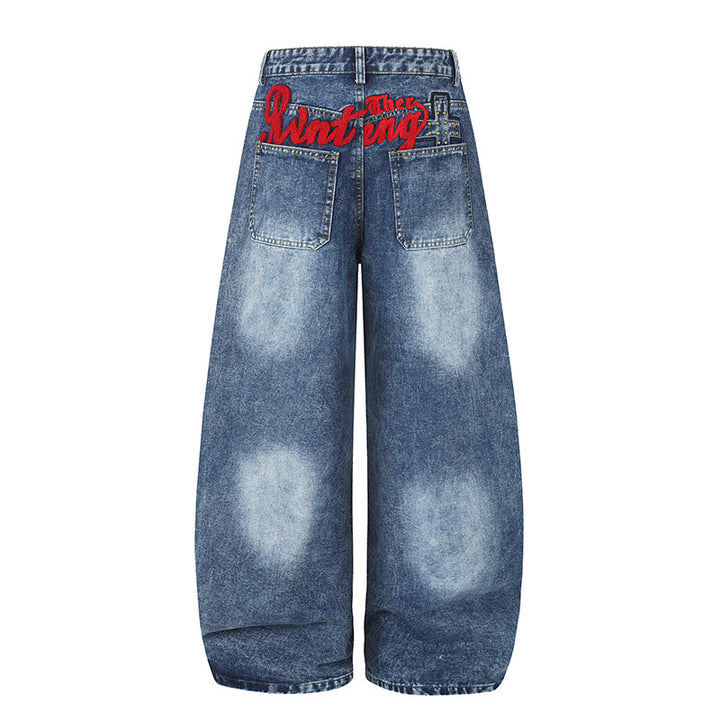 Ladies Wide High-Waist Palazzo Jeans in Culotte Style with Patch Back Pockets and Schrift Embroidery Mune Fashion