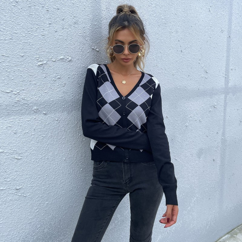 Ladies Patterned V Sweater Mune Fashion