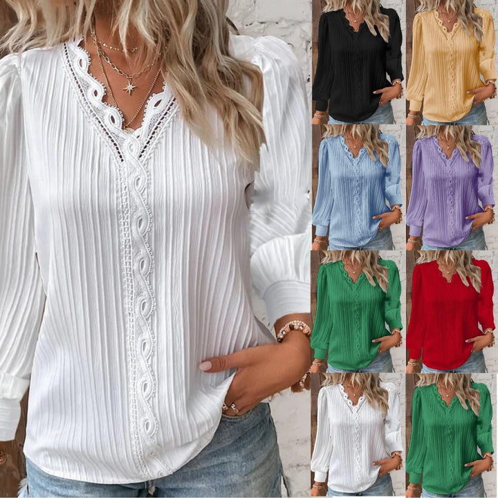 Women's romantic V-neck lace blouse with pleats and puff sleeves Mune Fashion