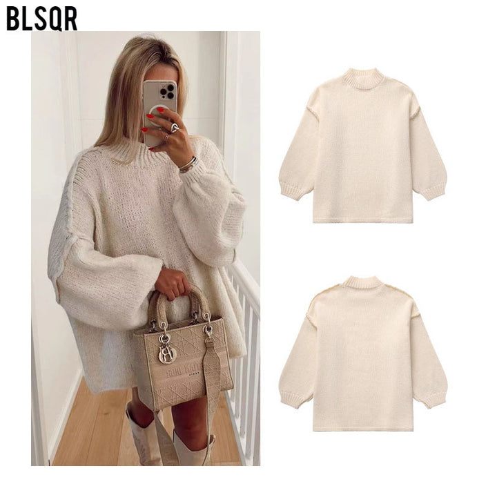 Women's chunky knit sweater with standing collar, dropped shoulders, and balloon sleeves Mune Fashion