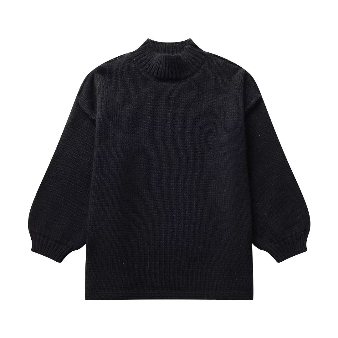 Women's chunky knit sweater with standing collar, dropped shoulders, and balloon sleeves Mune Fashion
