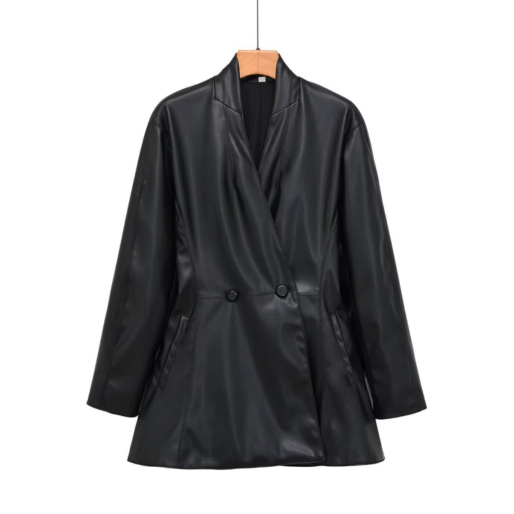 Women's tailored double-breasted faux leather midi coat with shawl collar and patch pockets Mune Fashion