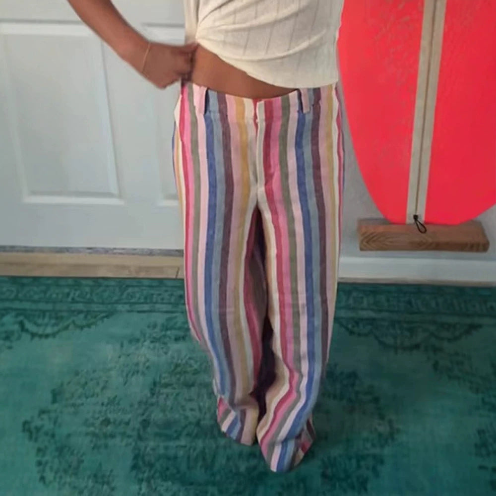 Women’s linen pants with wide leg, high waist & colorful striped pattern Mune Fashion