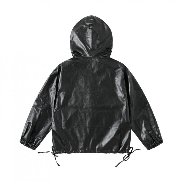 [Unisex Hooded Boxy Jacket in Leather Look with Drawstring and Flap Pockets Mune Fashion]