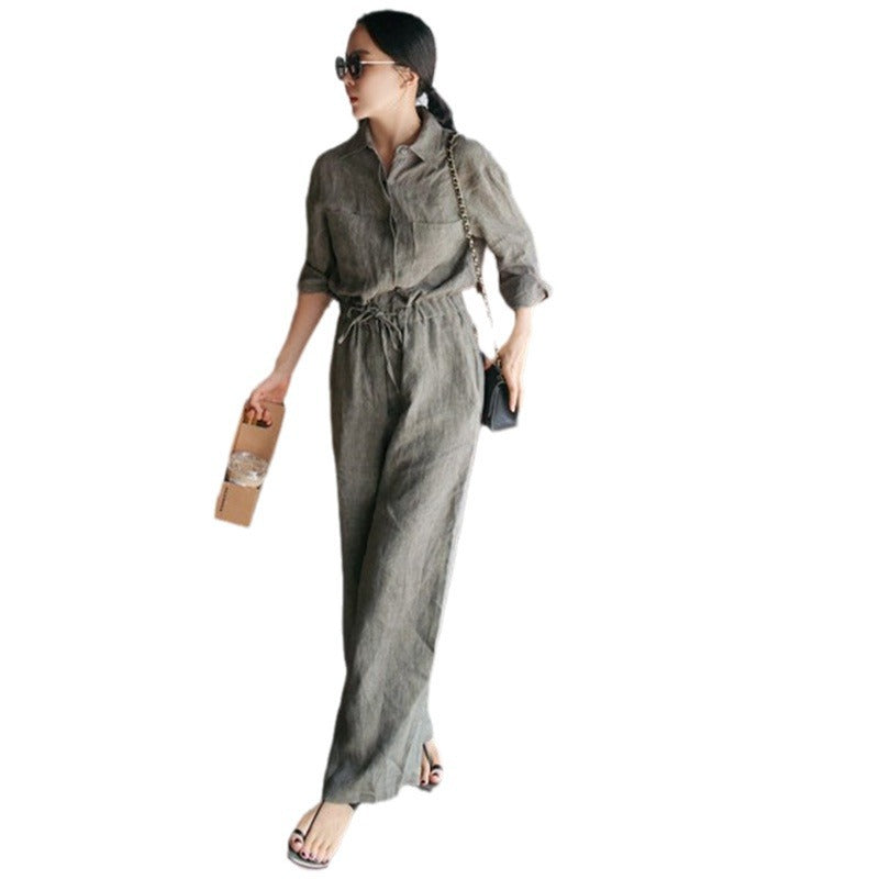 Women's linen overall with shirt collar, drawstring waist and side pockets Mune Fashion