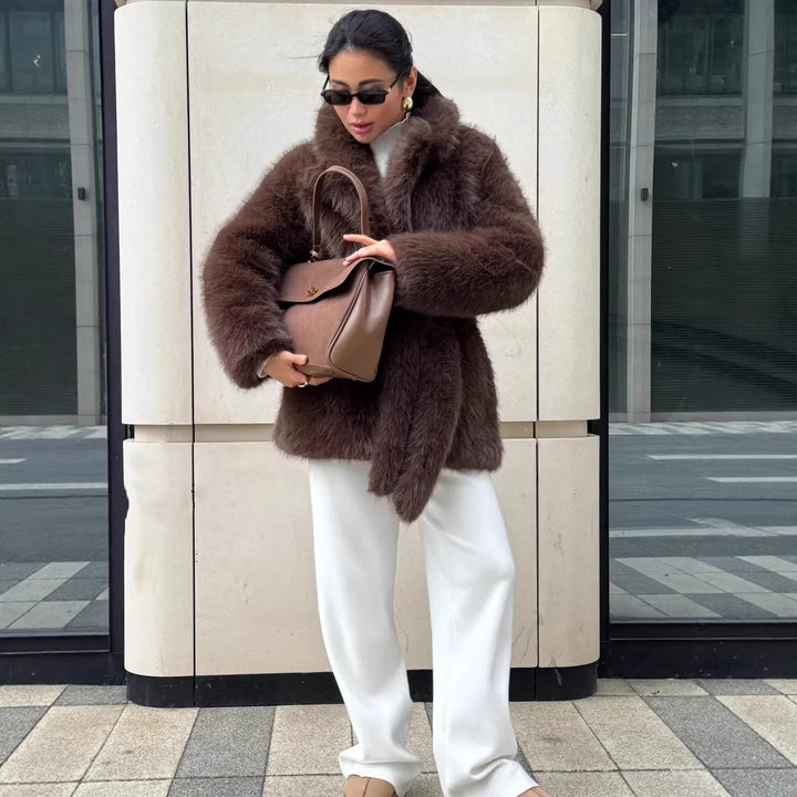 Women Boxy Short Coat made of extra fluffy high pile with wrap belt Mune Fashion