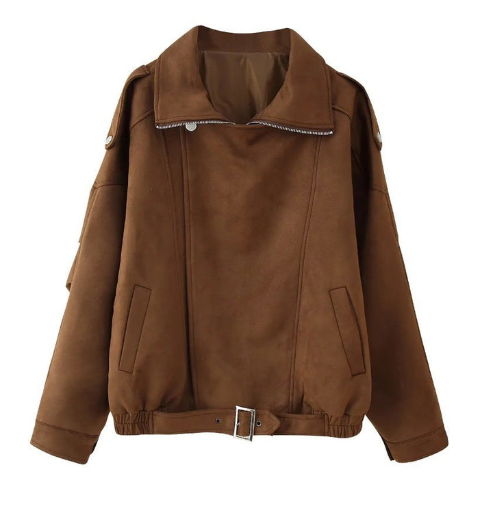Women’s Oversized Faux Suede Aviator Jacket with Waist Belt, Epaulettes, and Stand-Up Collar Mune Fashion