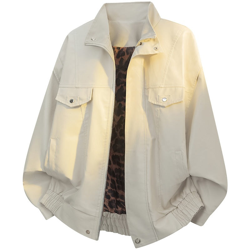 Women Lightweight Oversized Bomber Jacket with Leo Lining, Patch Pockets & Elastic Hem Mune Fashion