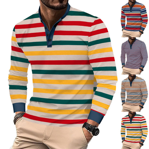 Men's striped long-sleeve Henley shirt with stand-up collar, slim fit and elastic cotton mix Mune Fashion